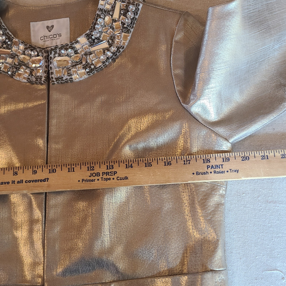 Chicos 1 Champagne Gold Leather Jacket 25th Anniversary Jeweled Collar Size M - Picture 13 of 16